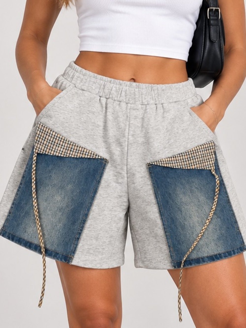 061.New Gray Drawstring Shorts with Denim Patch Pockets